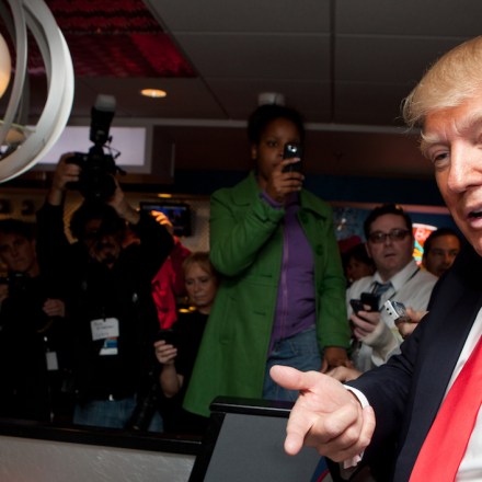 PORTSMOUTH, NH - APRIL 27:  Donald Trump talks to customers at the Roundabout Diner on April 27, 2011 in Portsmouth, New Hampshire. Trump is testing the waters for a possible run for the Republican Presidential nomination, and addressed US President Barack Obama's release of his original birth certificate earlier that morning.  (Photo by Matthew Cavanaugh/Getty Images)