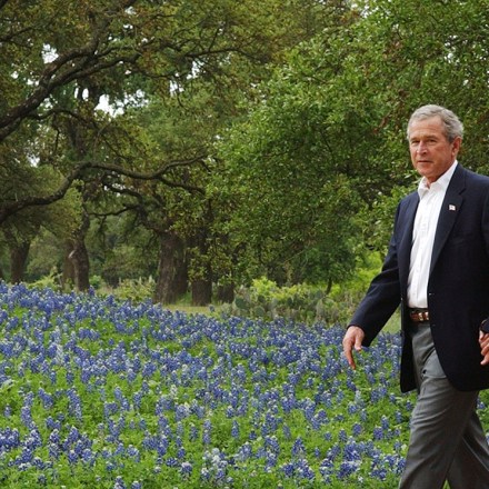 CRAWFORD, TX - APRIL 25:  U.S. President George W. Bush escorts Saudi Crown Prince Abdullah to his private office on his ranch April 25, 2005 in Crawford, Texas. The leaders are expected to talk about soaring global oil prices and prospects for peace in the Middle East.  (Photo by Rod Aydelotte-Pool/Getty Images)