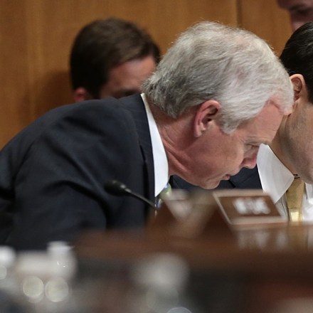 WASHINGTON, DC - APRIL 14:  Sen. Marco Rubio (2nd R) (R-FL), a Republican presidential candidate, confers with Sen. Ron Johnson (L) (R-WI) during a markup meeting of the Senate Foreign Relations Committee on the proposed nuclear deal with Iran April 14, 2015 in Washington, DC. A bipartisan compromise reached by Sen. Bob Corker (R-TN) and Sen. Ben Cardin (D-MD) would create a review period that is shorter than originally proposed for a final nuclear deal with Iran and creates compromise language on the removal of sanctions contingent on Iran ceasing support for terrorism.  (Photo by Win McNamee/Getty Images)