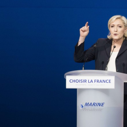 French presidential election candidate for the far-right Front National (FN) party Marine Le Pen delivers a speech during a meeting at the Parc des Expositions in Villepinte. Villepinte, FRANCE - 01/05/2017. (Sipa via AP Images)
