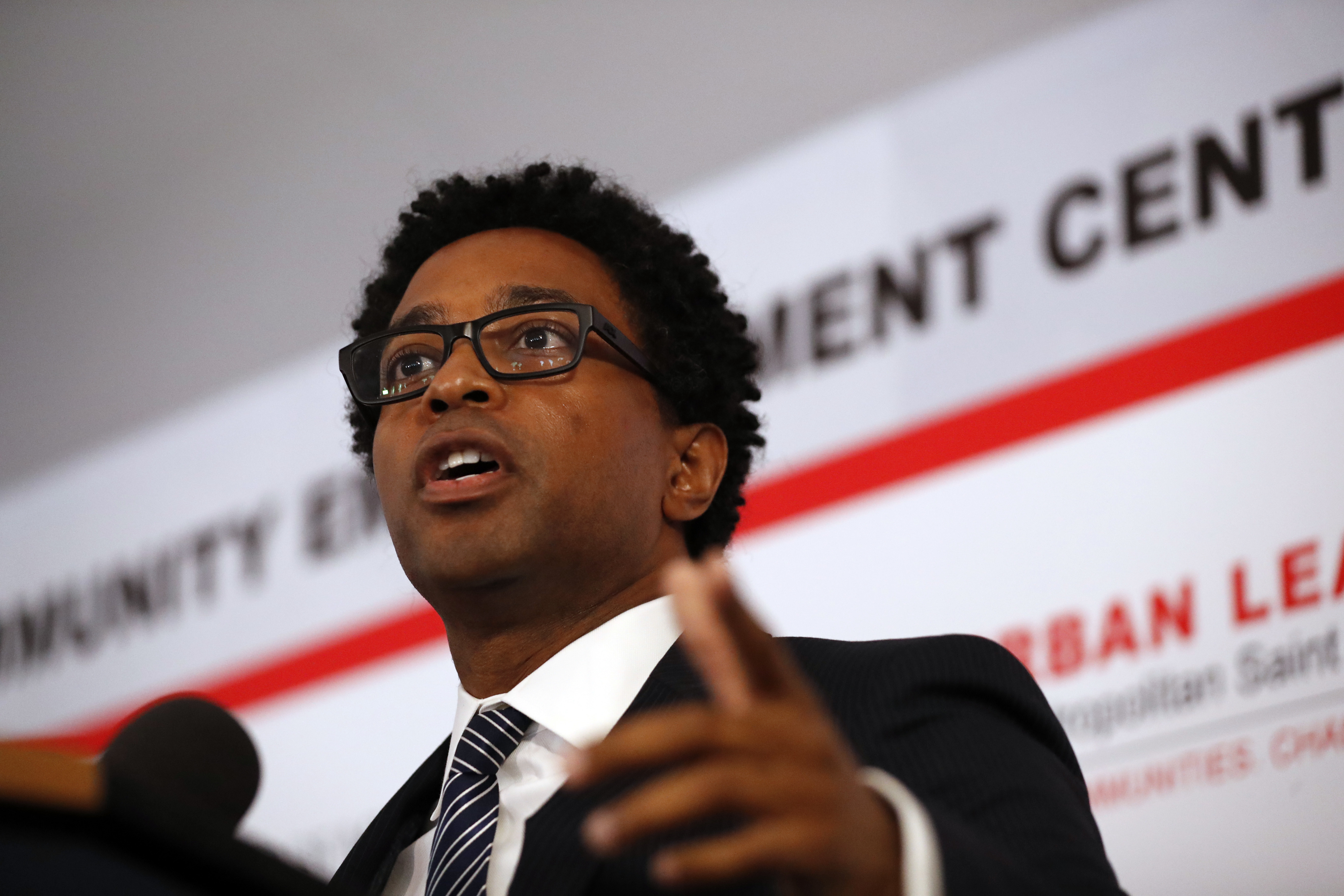 Ferguson city council member Wesley Bell speaks during the dedication of a new community empowerment center Wednesday, July 26, 2017, in Ferguson, Mo. The $3-million Ferguson Community Empowerment Center was built on the property where a QuikTrip convenience store was burned during rioting after a white officer fatally shot Michael Brown nearly three years ago. (AP Photo/Jeff Roberson)