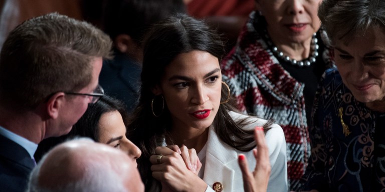 UNITED STATES - JANUARY 03: Rep. Alexandria Ocasio-Cortez, D-N.Y., is seen in the Capitol's House chamber before members were sworn in on the first day of the 116th Congress on January 3, 2019. (Photo By Tom Williams/CQ Roll Call) (CQ Roll Call via AP Images)
