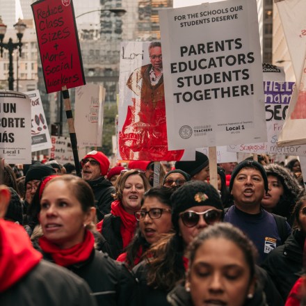 CHICAGO, IL - OCTOBER 23: Thousands of demonstrators take to the streets, stopping traffic and circling City Hall in a show support for the ongoing teachers strike on October 23, 2019 in Chicago, Illinois. Union teachers and school staff members are demanding more funding from the city in order to lower class sizes, hire more support staff, and build new affordable housing for the 16,000 Chicago Public Schools students whose families are homeless. (Photo by Scott Heins/Getty Images)