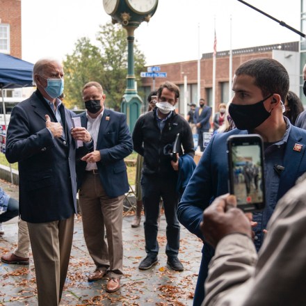CHESTER, PA - OCTOBER 26: Democratic presidential nominee Joe Biden speaks to people while visiting a voter mobilization center on October 26, 2020 in Chester, Pennsylvania. In Pennsylvania, Tuesday, October 27 is the last day to request a mail-in ballot or to vote early in person. (Photo by Drew Angerer/Getty Images)