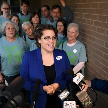 Dana Balter, candidate for the House of Representatives in New York's 24th Congressional District, speaks with the media after casting her vote in Syracuse, N.Y., Tuesday, Nov. 6, 2018. (AP Photo/Adrian Kraus)