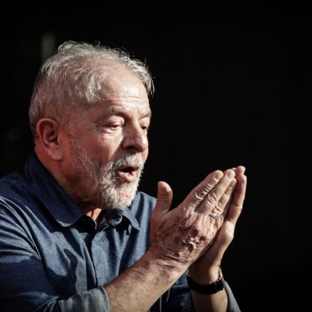 Luiz Inacio Lula da Silva, Brazil's former president, gestures before speaking during an event organized by workers' unions on International Workers' Day in Sao Paulo, Brazil, on Sunday, May 1, 2022. According to latest polling, Lula has 41% of voting intentions in the first round of presidential elections to be held later this year, against 36% for President Jair Bolsonaro. Photographer: Tuane Fernandes/Bloomberg via Getty Images