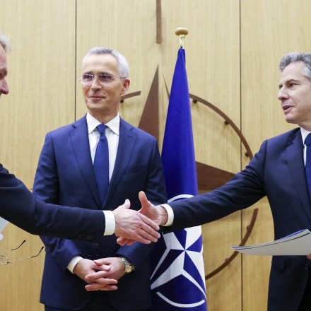 Finnish Foreign Minister Pekka Haavisto, left, shakes hands after handing over his nation's accession document to United States Secretary of State Antony Blinken, right, during a meeting of NATO foreign ministers at NATO headquarters in Brussels, Tuesday, April 4, 2023. Finland joined the NATO military alliance on Tuesday, dealing a major blow to Russia with a historic realignment of the continent triggered by Moscow's invasion of Ukraine. (Johanna Geron, Pool Photo via AP)
