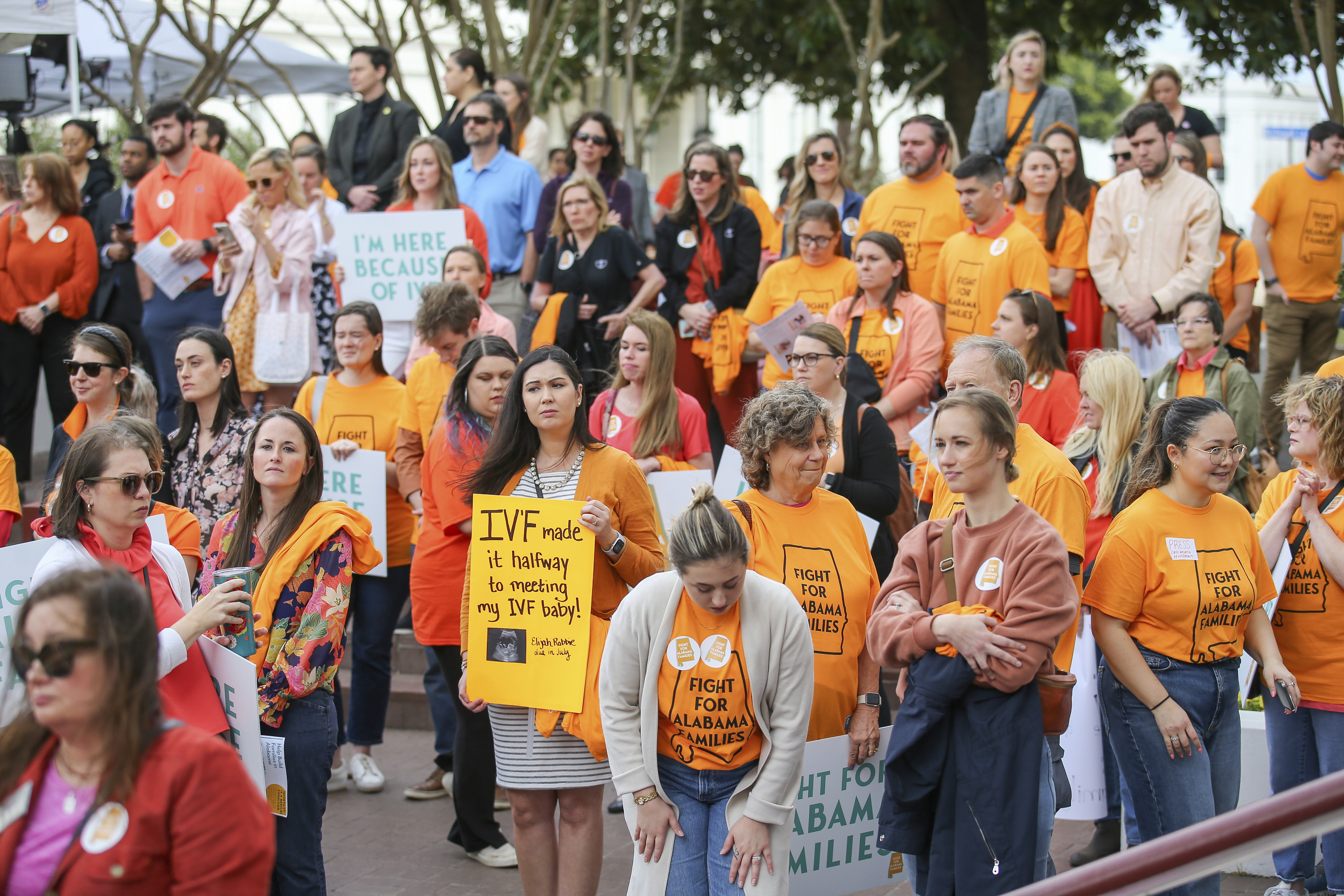 IMAGE DISTRIBUTED FOR RESOLVE: THE NATIONAL INFERTILITY ASSOCIATION - Patients, infertility doctors and advocates of IVF attend a rally outside the Alabama State House on Wednesday, Feb. 28, 2024 in Montgomery, Ala. The rally was organized at the Alabama State Capitol to decry the recent Alabama Supreme Court ruling that embryos are considered children, which led to the suspension of IVF treatments in the state. (Stew Milne/AP Images for RESOLVE: The National Infertility Association)