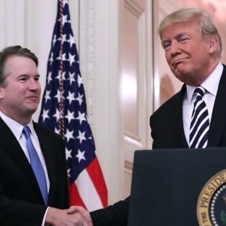 U.S. Supreme Court Justice Brett Kavanaugh (L) shakes hands with President Donald Trump during Kavanaugh's ceremonial swearing in in the East Room of the White House October 08, 2018 in Washington, DC.