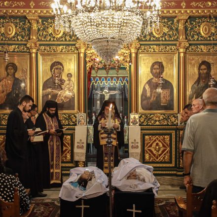 A funeral mass in Gaza's Church of St. Porphyrius for Fumya Ayaad and Saad Salama on July 17, 2025.