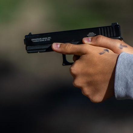 Azusa, CA - October 29, 2023: Daniel Villalpando, 16, shoots a target during a firearms education course by L.A. Progressive Shooters at Burro Canyon Shooting Park in Azusa, CA October 29, 2023. (Francine Orr/ Los Angeles Times via Getty Images)