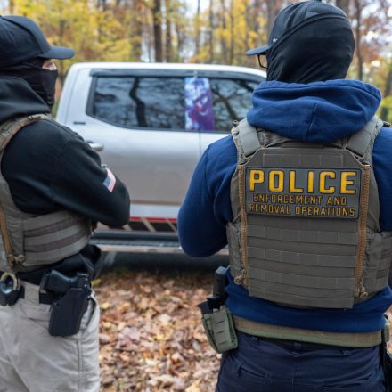 Federal law enforcement officers with Immigration and Customs Enforcement (ICE) and Enforcement and Removal Operations (ERO) conduct a traffic stop and detain people, Monday, Nov. 17, 2025, in Washington. (AP Photo/Alex Brandon)