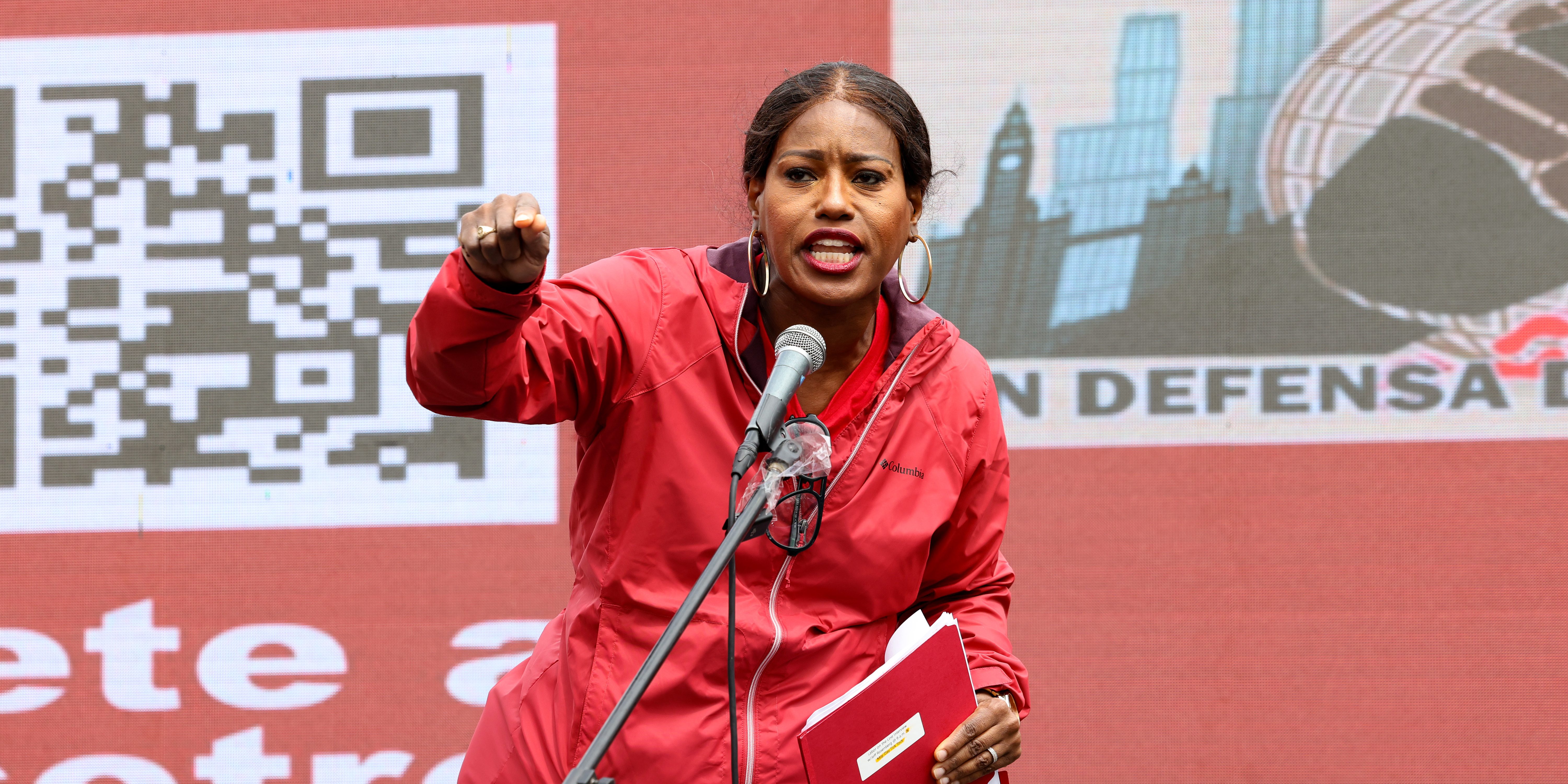 CHICAGO, ILLINOIS - MAY 01: CTU Local 1 Pres. Stacy Davis Gates speaks on stage during the Nationwide May Day Strong Rally - Workers Stand Up to Billionaires on May 01, 2025 in Chicago, Illinois. (Photo by Barry Brecheisen/Getty Images for May Day Strong)