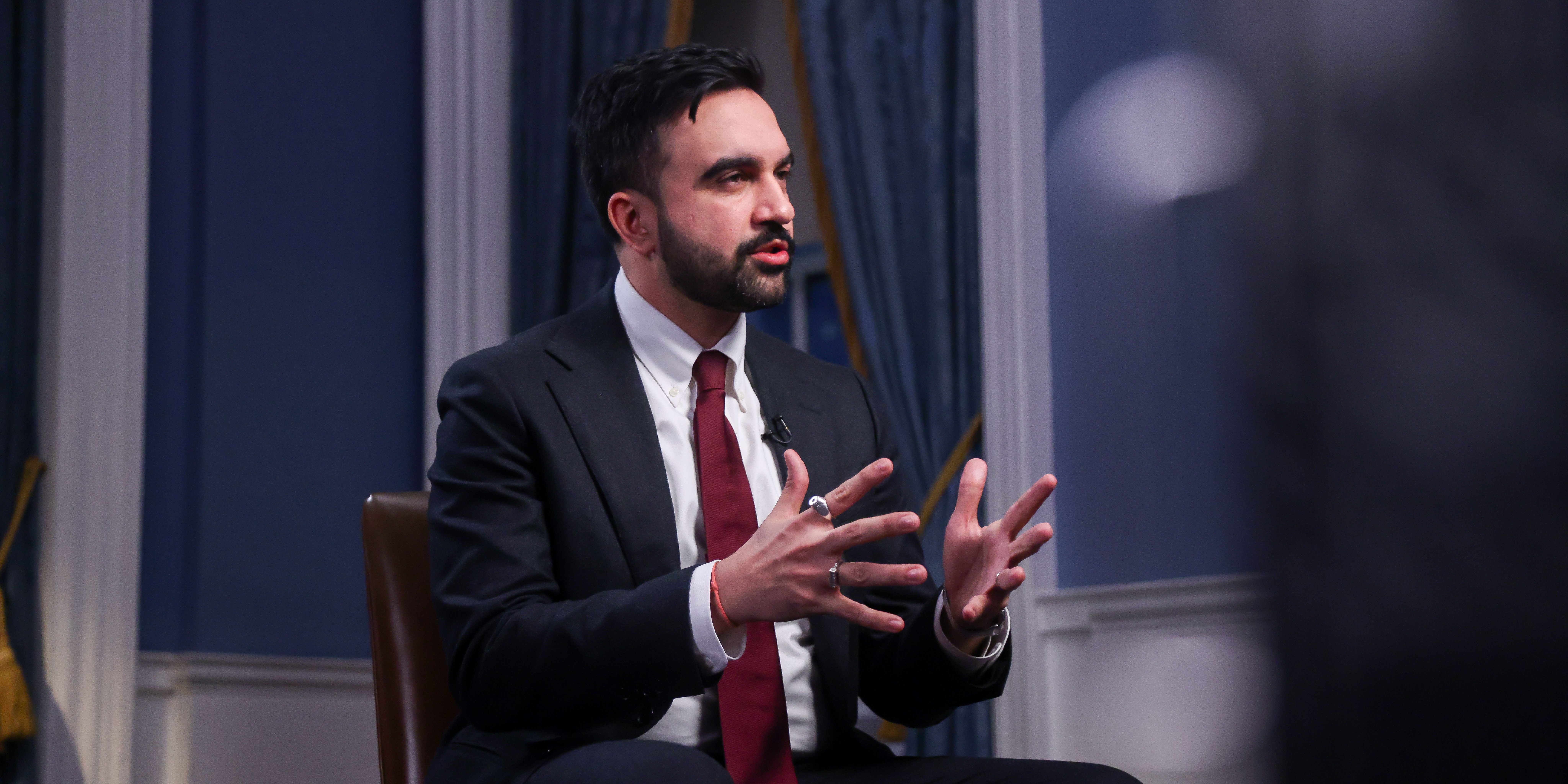 Zohran Mamdani, mayor of New York, during a Bloomberg Television interview at City Hall in New York, US, on Thursday, Jan. 29, 2026. Mamdani is amping up pressure on Governor Kathy Hochul to hike taxes for the richest residents and corporations, asking the state to send billions more in aid to New York City as he faces mounting budget holes. Photographer: Michael Nagle/Bloomberg via Getty Images