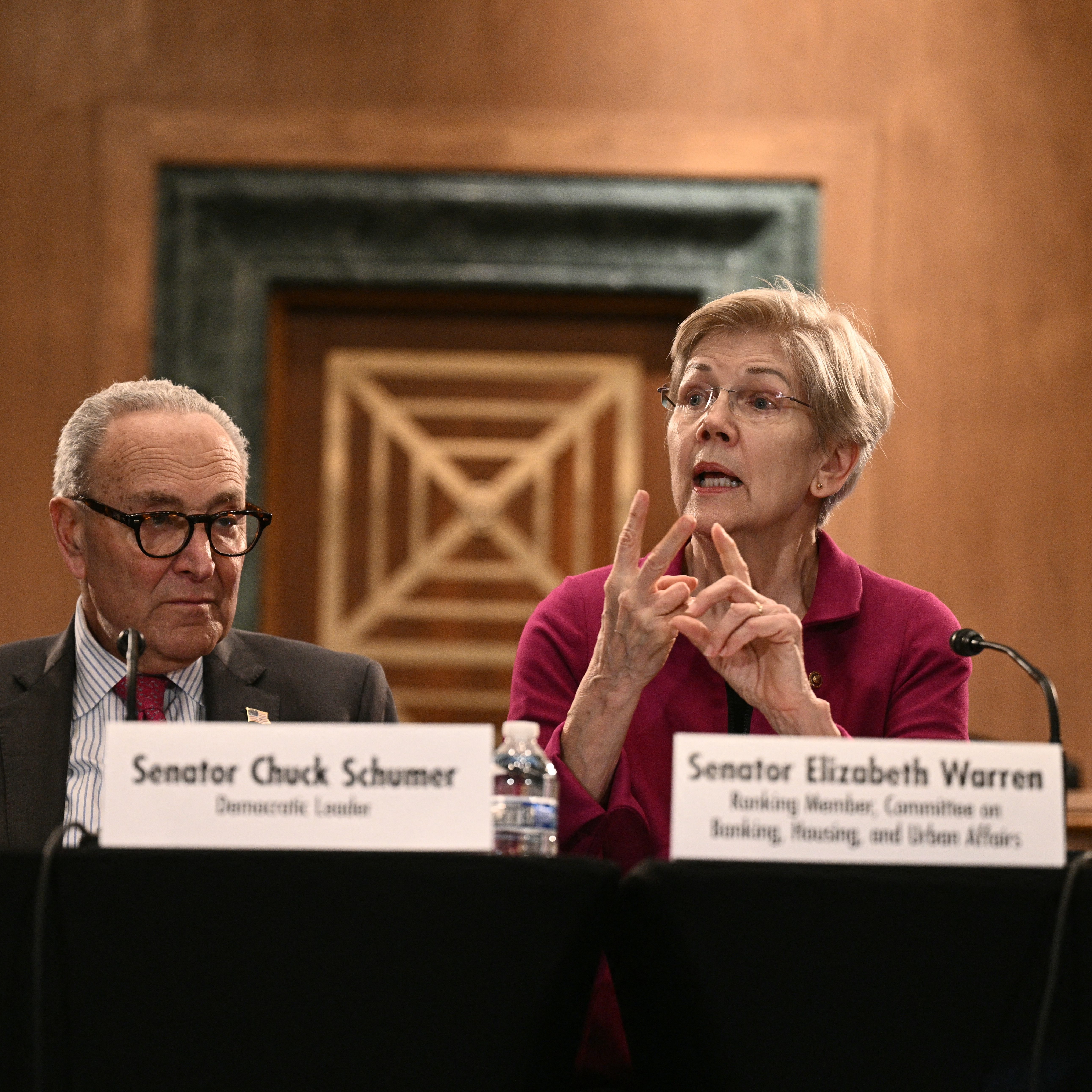 Senate Minority Leader Chuck Schumer, Democrat from New York and Senator Elizabeth Warren, Democrat from Massachusetts conduct a roundtable on housing costs in Washington, DC, January 7, 2026. The roundtable is the first event in Senate Democrats' push focused on lowering housing costs and addressing the economic pressures facing working families. (Photo by Brendan SMIALOWSKI / AFP via Getty Images)