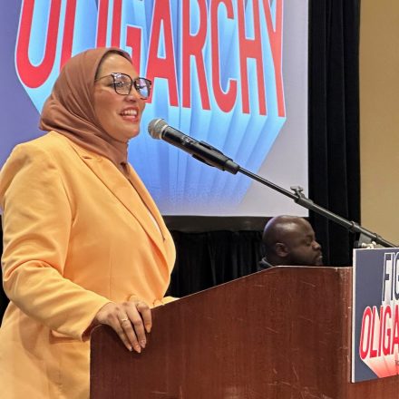 Nida Allam, a Durham County commissioner and North Carolina Democratic congressional primary candidate, speaks at a Bernie Sanders rally in Durham, N.C., Friday, Feb. 13, 2026. (AP Photo/Gary D. Robertson)