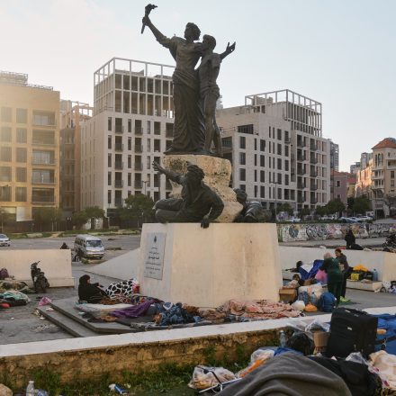 Displaced people fleeing Israeli airstrikes in Dahiyeh, Beirut's southern suburbs, sleep at Martyrs' Square in downtown Beirut, Lebanon, Saturday, March 7, 2026.