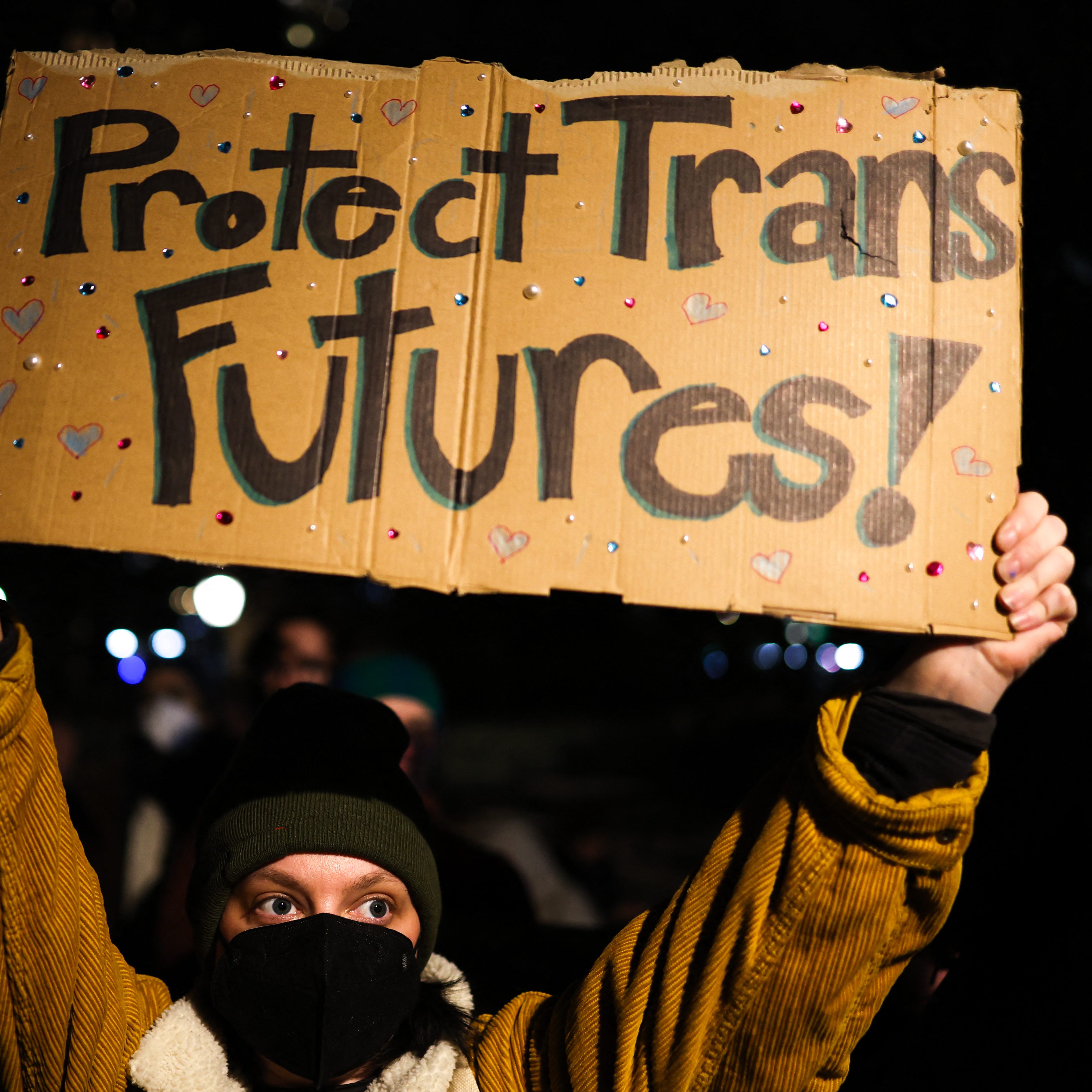 People gather to defend trans people rights in New York City on February 3, 2025. Hundreds of people protested in New York February 3 against US President Donald Trump's executive order signed January 28, 2025, to restrict gender transition procedures for people under the age of 19, and reports of a local hospital group cancelling appointments for young people in response. (Photo by CHARLY TRIBALLEAU / AFP) (Photo by CHARLY TRIBALLEAU/AFP via Getty Images)