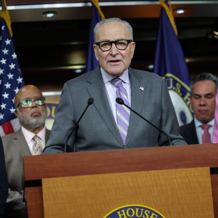 WASHINGTON, DC - FEBRUARY 04: U.S. Senate Minority Leader Chuck Schumer (D-NY), joined by House Minority Leader Hakeem Jeffries (D-NY) and fellow congressional Democrats, speaks at a press conference on Department of Homeland Security (DHS) funding at the U.S. Capitol on February 04, 2026 in Washington, DC. The Democratic leadership outlined their demands for ICE accountability as Congress debates funding legislation for the DHS ahead of next week's deadline.
