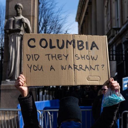 NEW YORK, UNITED STATES - FEBRUARY 26: Protestors take part in anti-ICE rally outside Columbia University after federal agents detained a student inside a residential campus building in New York City, New York, U.S., February 26, 2026. (Photo by Mostafa Bassim/Anadolu via Getty Images)
