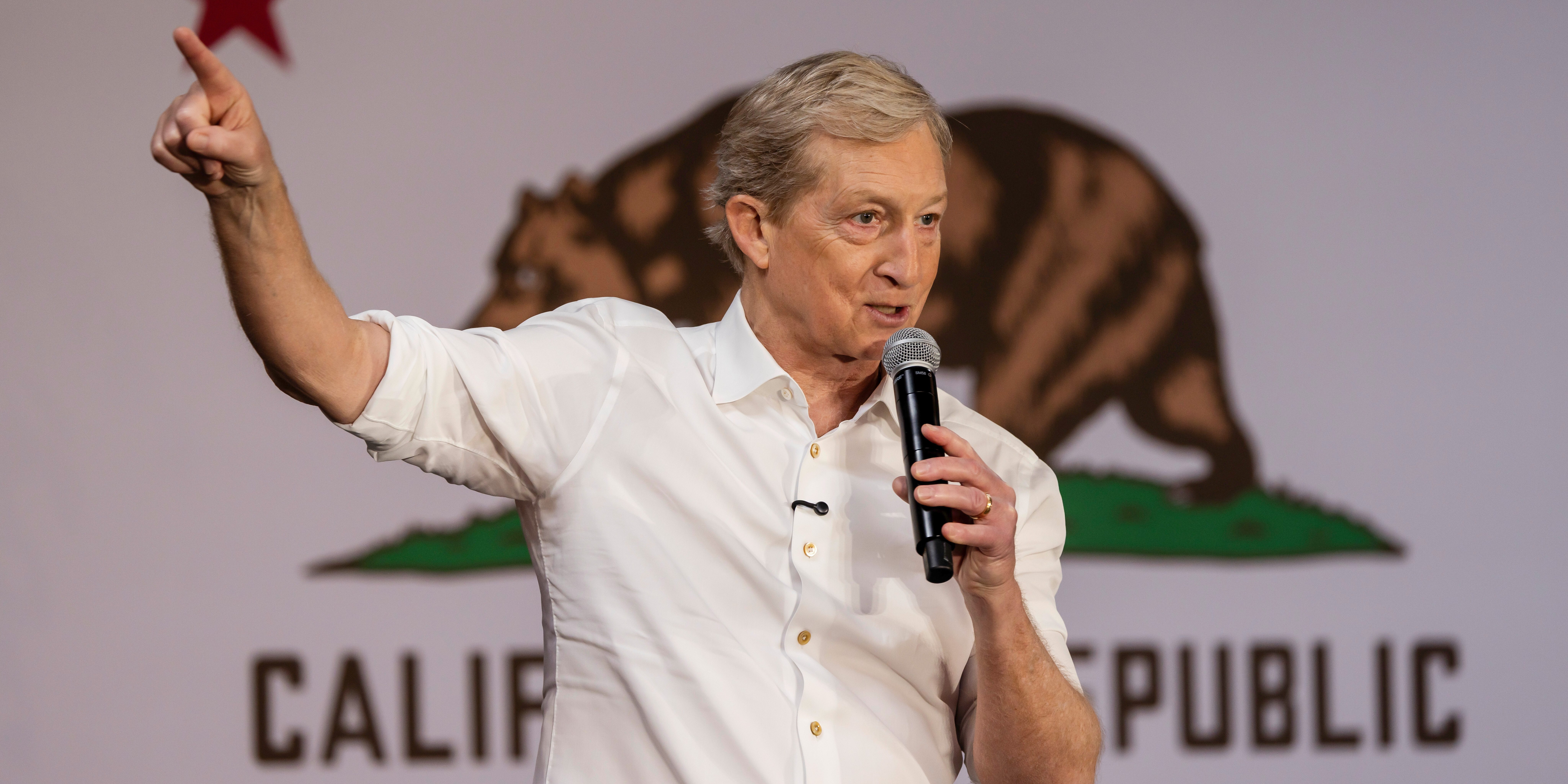 Democratic gubernatorial candidate Tom Steyer speaking at a town hall meeting in Culver City, Calif. on March 14, 2026.