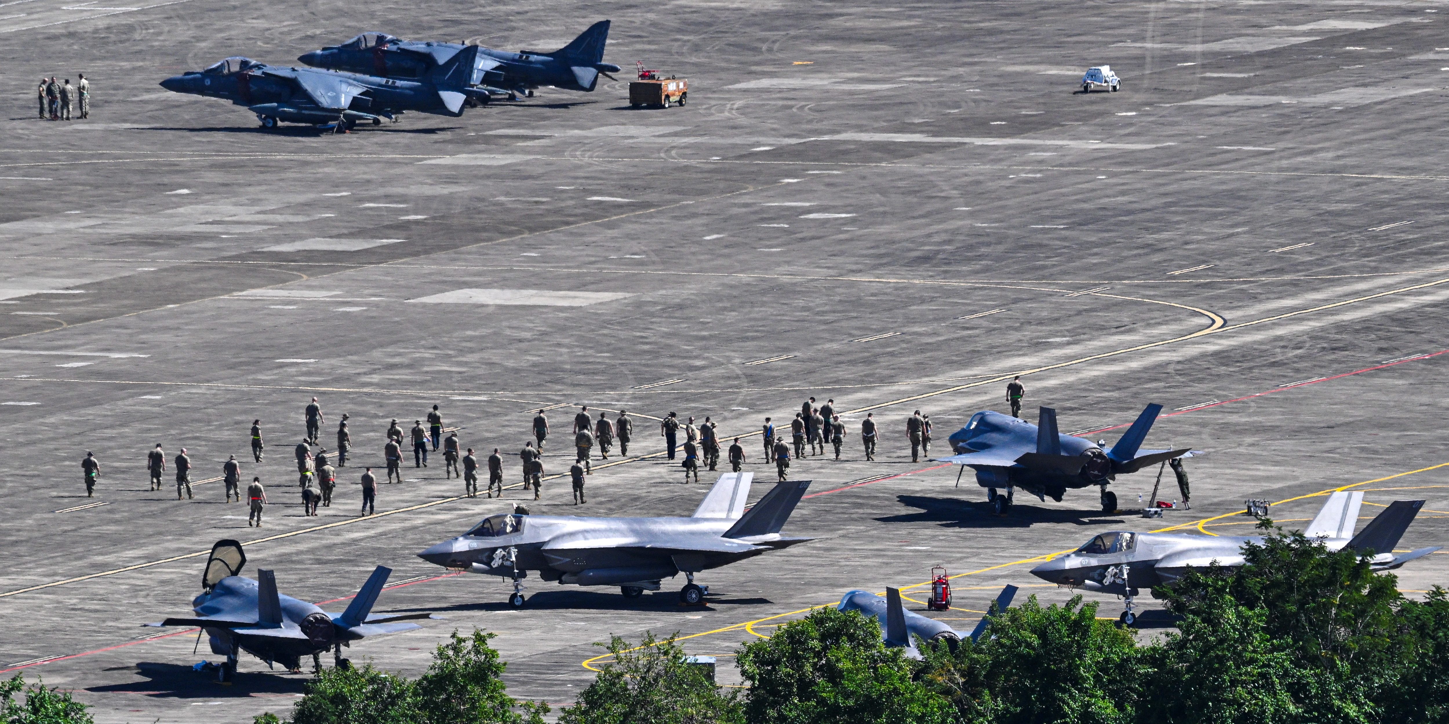 U.S Marine Corps F-35B fighter jets sit on the tarmac at José Aponte de la Torre Airport, formerly Roosevelt Roads Naval Station, on Dec. 19, 2025 in Ceiba, Puerto Rico.