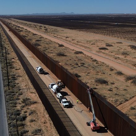 CIUDAD JUAREZ , MEXICO - FEBRUARY 3: An aerial view of the construction of a second 12-meter-high metal barrier behind the existing border wall between Ciudad Juarez and New Mexico, built to prevent migrants from illegally entering the United States at Santa Teresa area in Ciudad Juarez, Mexico on February 03, 2026. This ongoing second wall construction is part of the border wall expansion project announced by Kristi Noem. (Photo by Christian Torres/Anadolu via Getty Images)