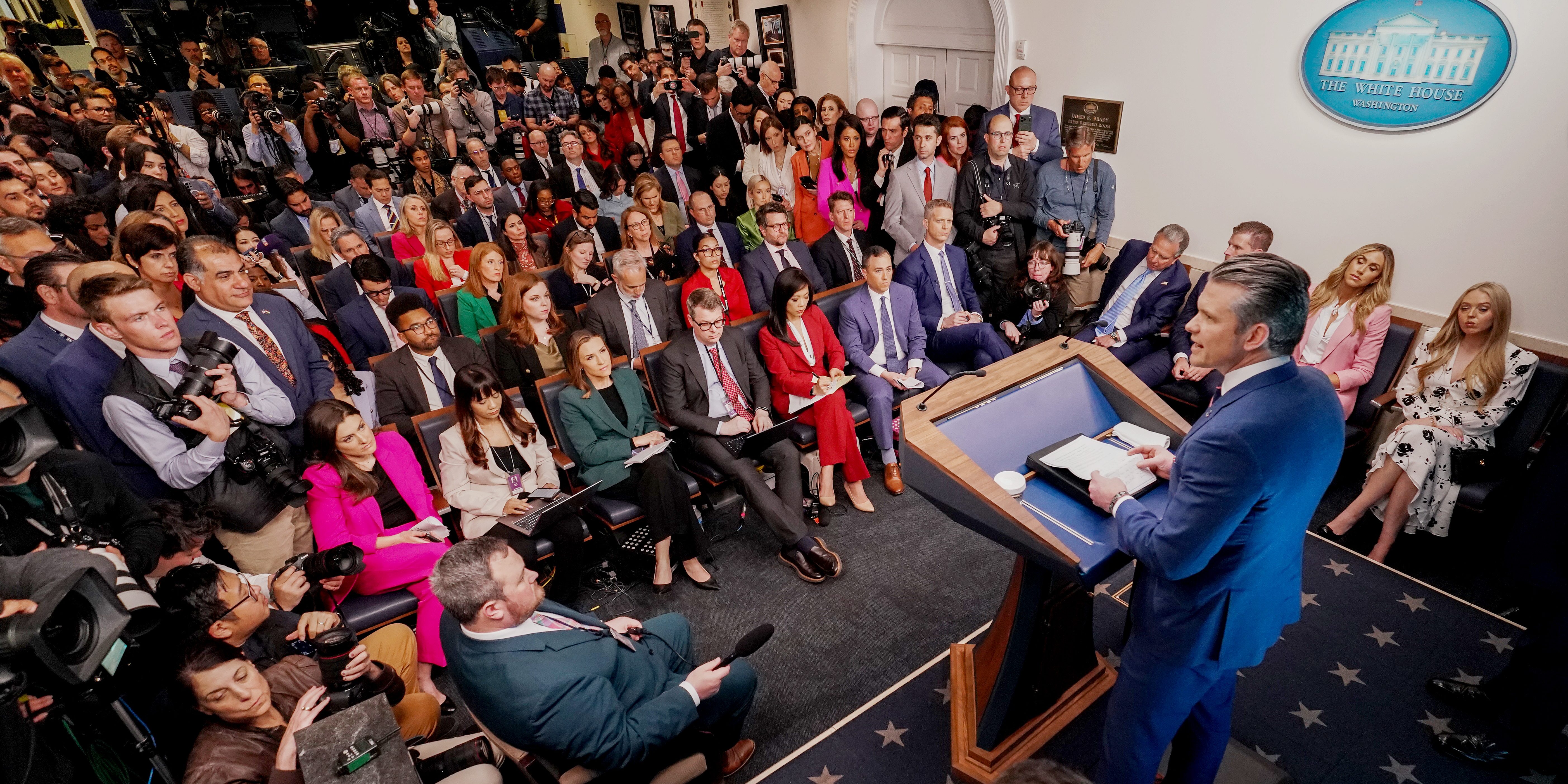 WASHINGTON, DC - APRIL 06: U.S. Secretary of War Pete Hegseth speaks during a news conference in James S. Brady Press Briefing Room of the White House on April 06, 2026 in Washington, DC. President Trump spoke about the successful military mission to rescue a weapons systems officer whose F-15E Strike Eagle was shot down in Iran.