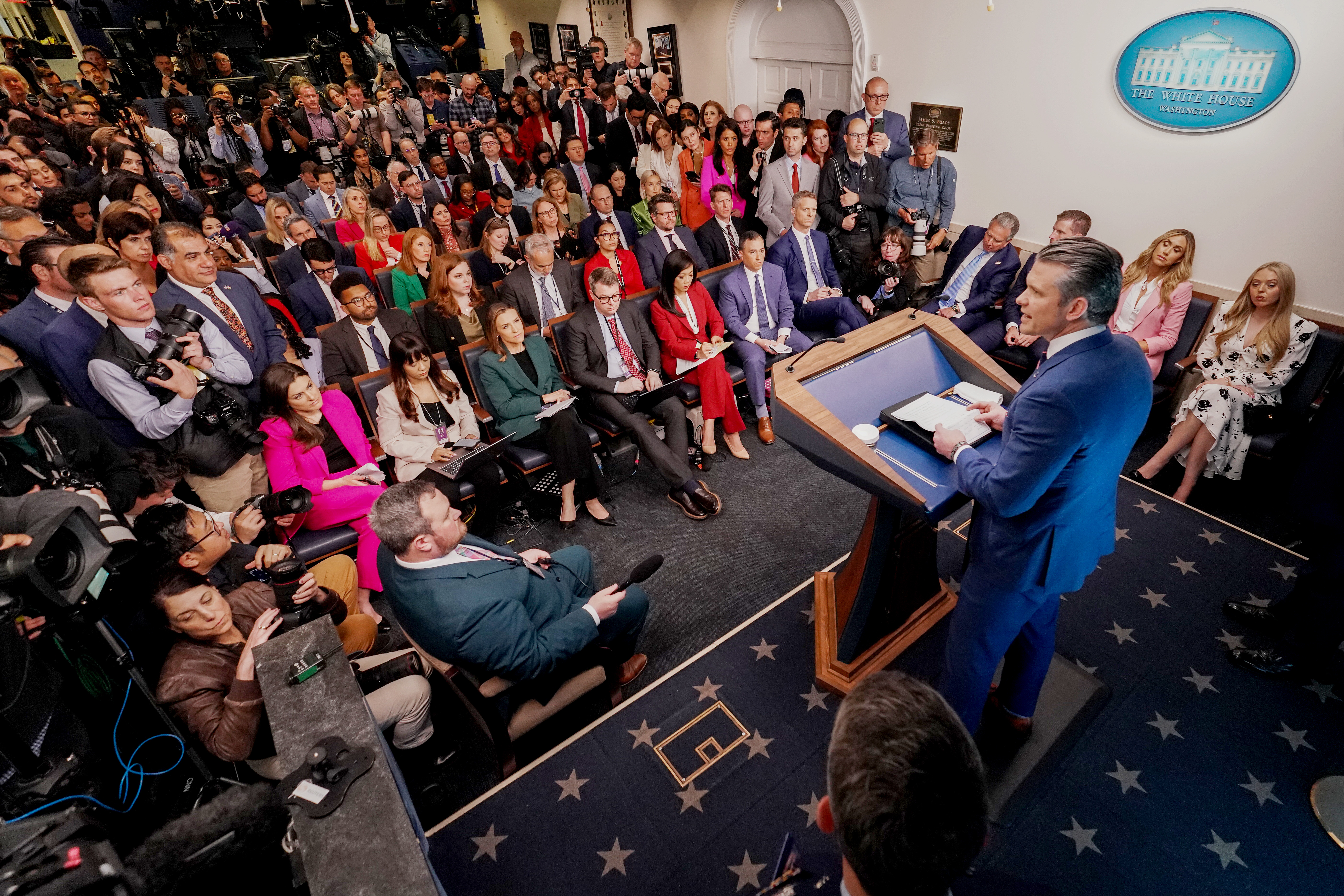 WASHINGTON, DC - APRIL 06: U.S. Secretary of War Pete Hegseth speaks during a news conference in James S. Brady Press Briefing Room of the White House on April 06, 2026 in Washington, DC. President Trump spoke about the successful military mission to rescue a weapons systems officer whose F-15E Strike Eagle was shot down in Iran. (Photo by Anna Moneymaker/Getty Images)