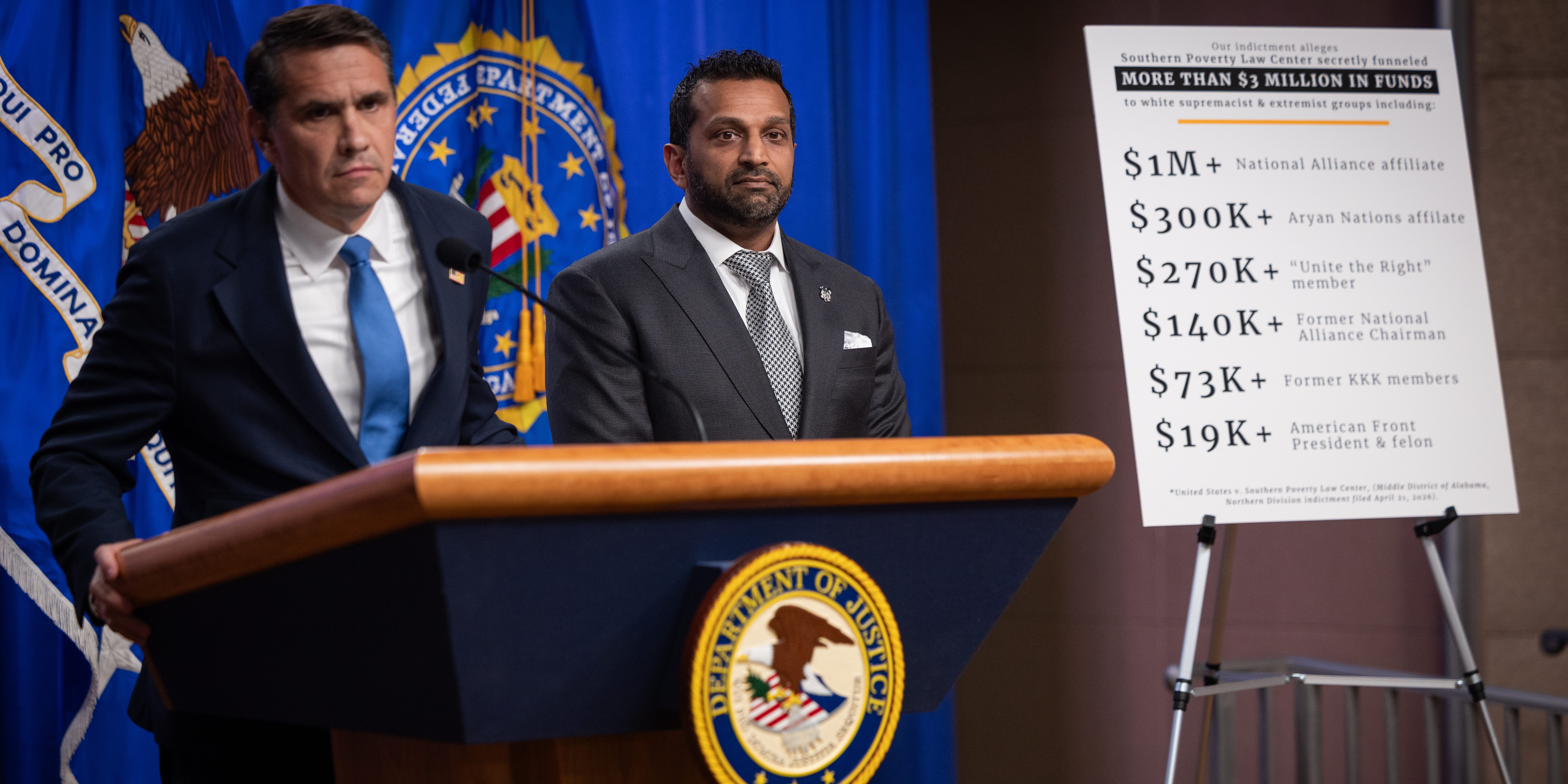 WASHINGTON, DC - APRIL 21: FBI Director Kash Patel is seen at a press conference with Acting Attorney General Todd Blanche following the indictment of the Southern Poverty Law Center for money laundering, at the Department of Justice in Washington, DC on April 21, 2026. (Photo by Nathan Posner/Anadolu via Getty Images)
