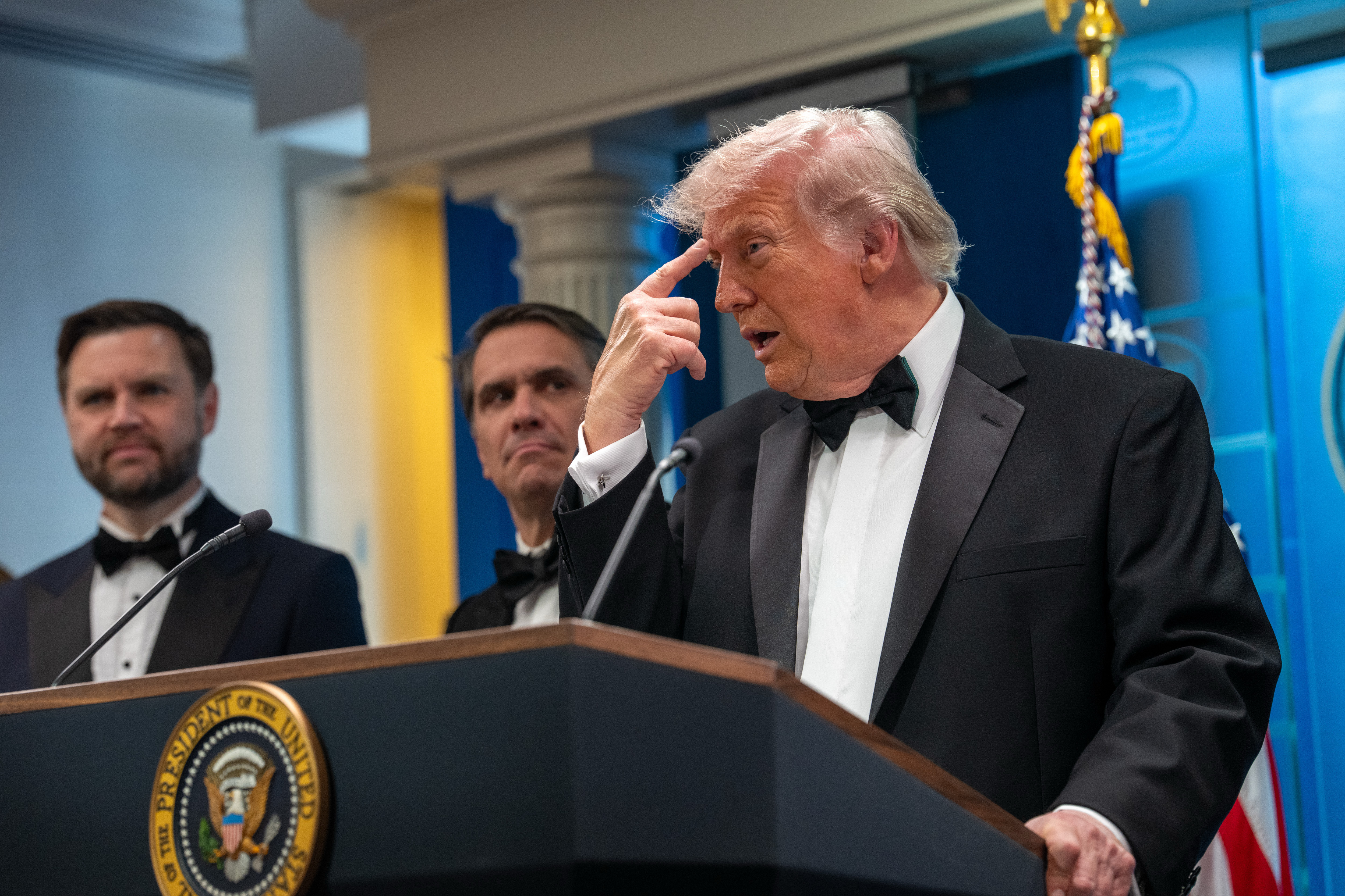   U.S. President Donald Trump speaks during a press conference in the Brady Briefing Room of the White House on April 25, 2026 in Washington, DC. President Trump is making a statement after the cancelation of the annual White House Correspondents Association Dinner after a possible shooting.(Photo by Andrew Leyden/Getty Images)