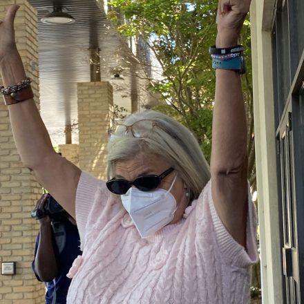 Renea Gamble faced misdemeanor charges in a trial at the Fairhope Civic Center in Fairhope, Ala., on April 15, 2026, after being arrested at a protest while dressed as a penis.