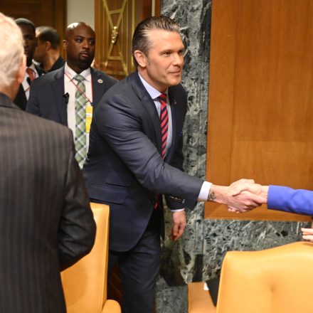 Secretary of War Pete Hegseth shakes the hand of United States Senator Susan Collins, R-Maine, during a Senate Committee on Appropriations Subcommittee on Defense Budget Hearing for the Department of Defense in the Rayburn House office building, on Tuesday, May 12, 2026.