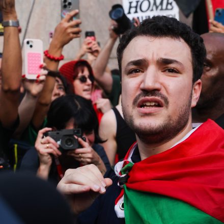 NEW YORK, NEW YORK - JUNE 22: Palestinian activist Mahmoud Khalil marches with supporters after he was released from ICE detention during a rally outside of the Cathedral of St. John the Divine in Manhattan on June 22, 2025 in New York City. Khalil was released Friday evening from an Immigration and Customs Enforcement (ICE) facility in Jena, Louisiana, after U.S. District Judge Michael Farbiarz issued an order granting his release on bail.  (Photo by Spencer Platt/Getty Images)