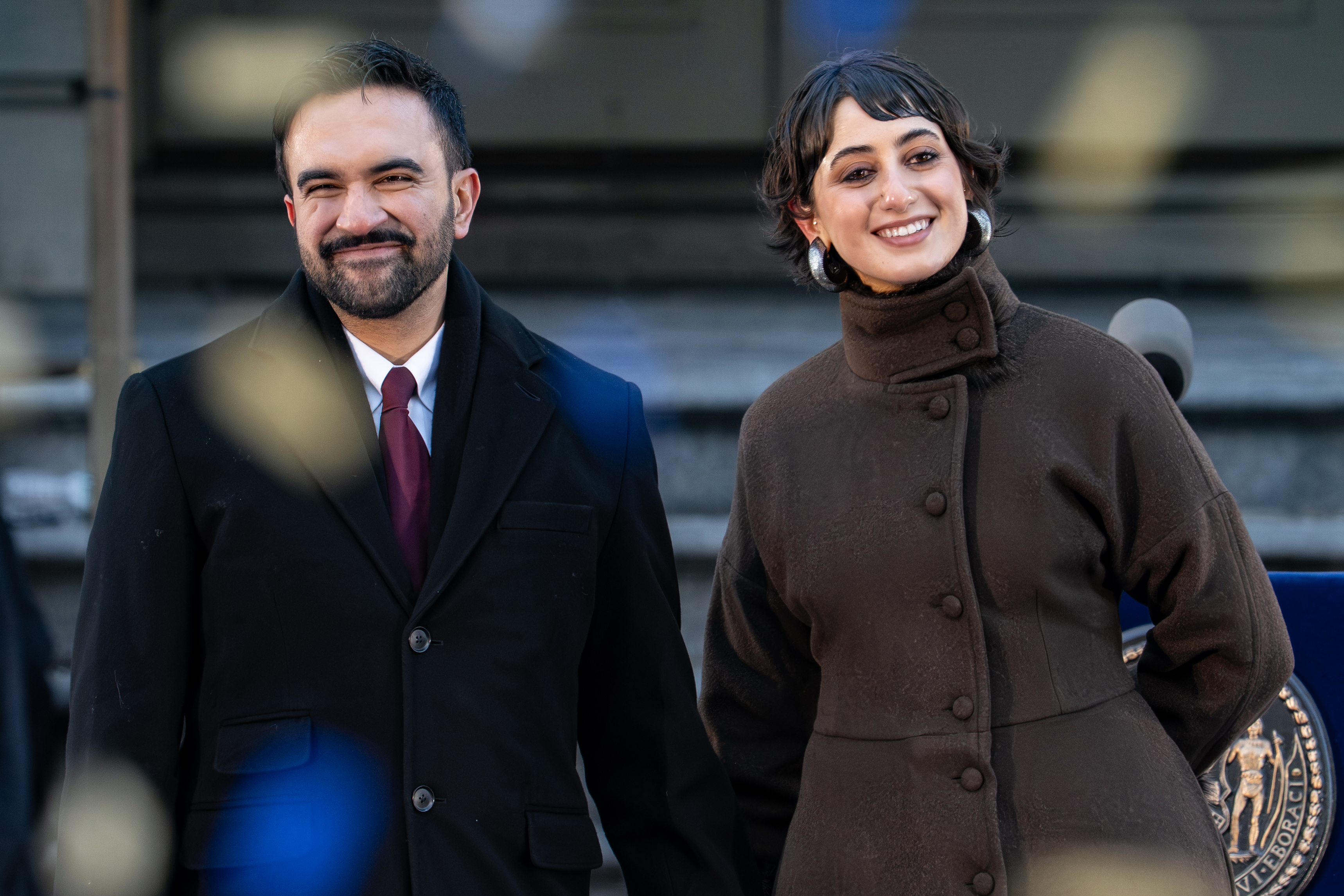  New York Mayor Zohran Mamdani and his wife Rama Duwaji smile as confetti falls after his ceremonial inauguration as mayor at City Hall Thursday January 1, 2026 in New York, NY. Mamdani has added a "block party" to the official inauguration events to allow thousands of New Yorkers to take part. Mamdani was officially sworn in at midnight by New York Attorney General Letitia James at the Old City Hall subway station in a private ceremony. (Photo by David Dee Delgado/Getty Images)