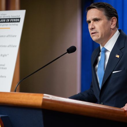 WASHINGTON, DC - APRIL 21: Acting Attorney General Todd Blanche speaks at a press conference with FBI Director Kash Patel following the indictment of the Southern Poverty Law Center for money laundering, at the Department of Justice in Washington, DC on April 21, 2026.