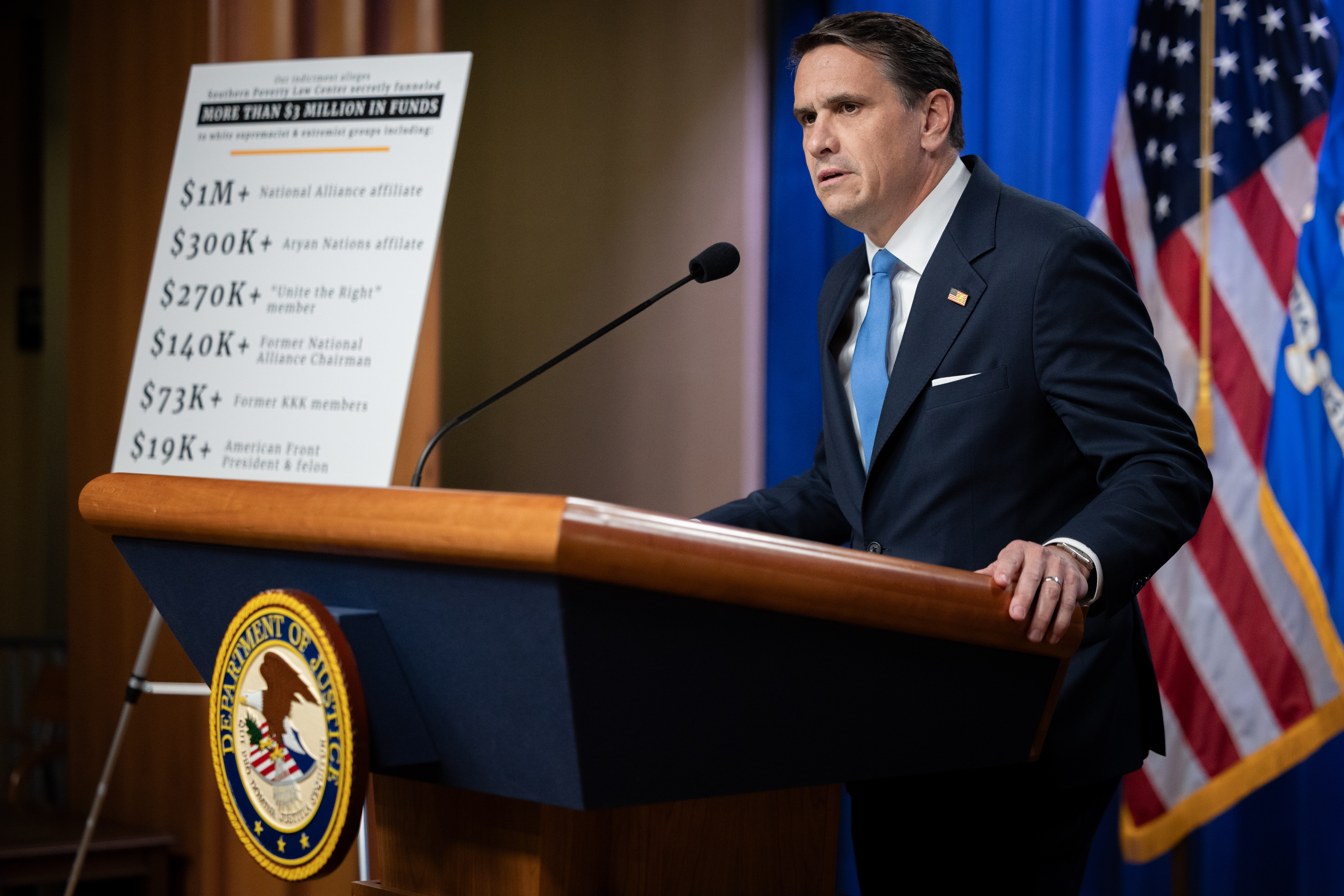 WASHINGTON, DC - APRIL 21: Acting Attorney General Todd Blanche speaks at a press conference with FBI Director Kash Patel following the indictment of the Southern Poverty Law Center for money laundering, at the Department of Justice in Washington, DC on April 21, 2026. (Photo by Nathan Posner/Anadolu via Getty Images)