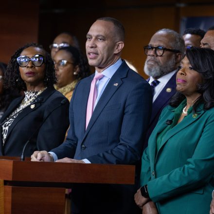 House Minority Leader Hakeem Jeffries (D-NY) speaks at a press conference with other members of the Congressional Black Caucus on the Supreme Court decision in Louisiana v. Callais, at the U.S. Capitol in Washington, DC on April 29, 2026.