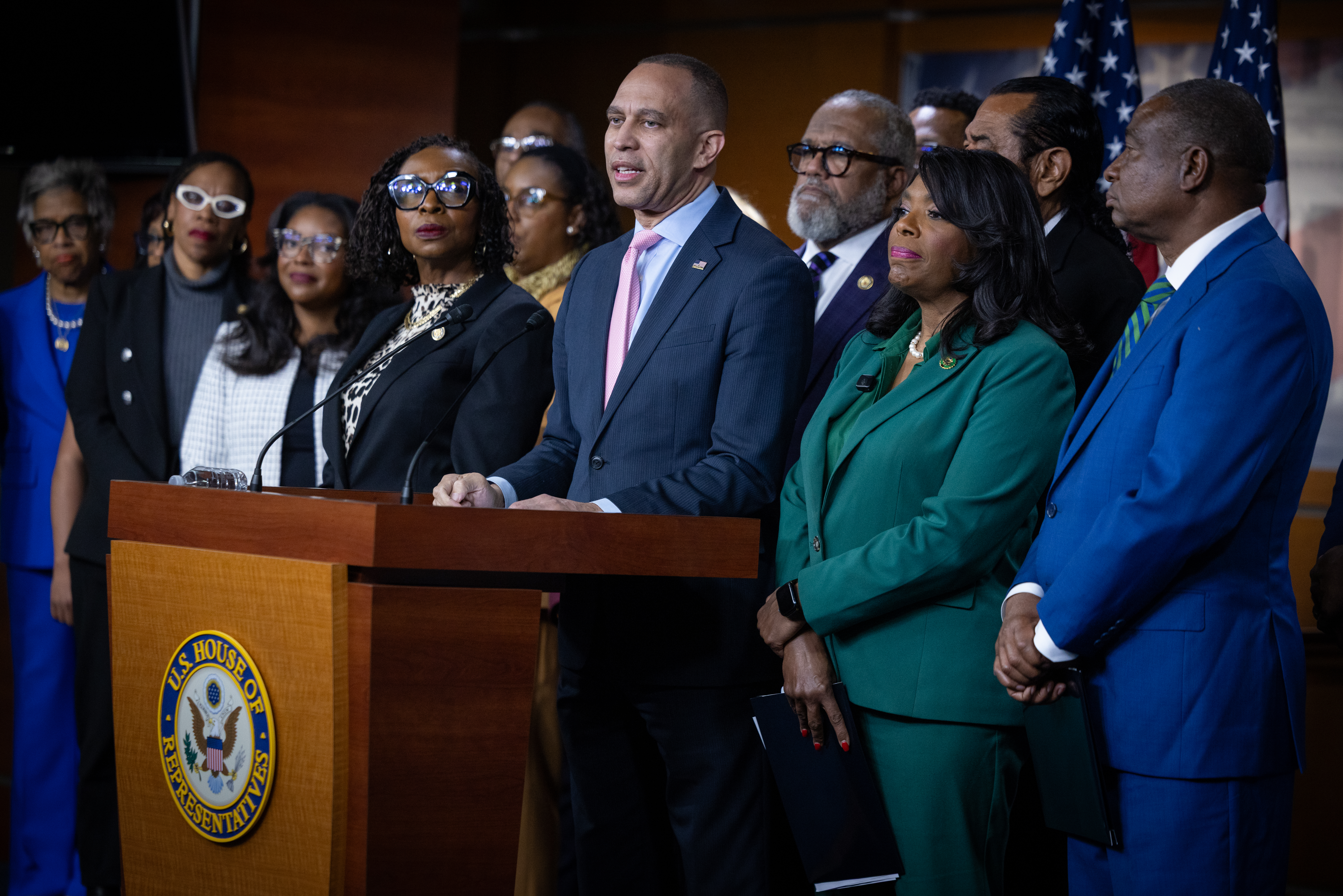 WASHINGTON, DC - APRIL 29: House Minority Leader Hakeem Jeffries (D-NY) speaks at a press conference with other members of the Congressional Black Caucus on the Supreme Court decision in Louisiana v. Callais, at the U.S. Capitol in Washington, DC on April 29, 2026. (Photo by Nathan Posner/Anadolu via Getty Images)
