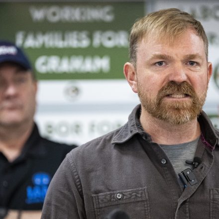 PORTLAND, MAINE - MAY 1: U.S. Senate candidate from Maine Graham Platner speaks during a campaign event with the Maine AFL-CIO, on May 1, 2026 in Portland, Maine. Platner, an oyster farmer by trade, is now the presumptive Democratic nominee before the Maine Primary election in June, after his chief rival Maine Governor Janet Mills (not-pictured) recently suspended her campaign.