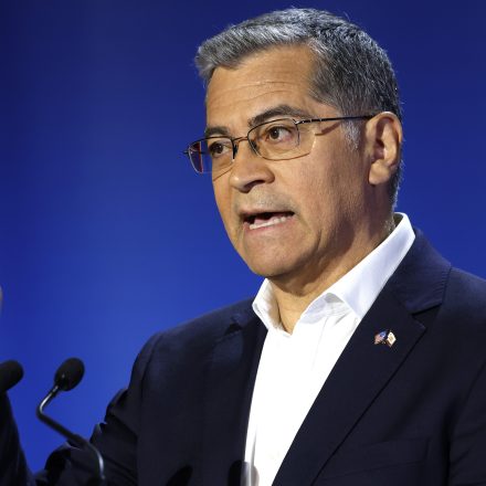 CLAREMONT, CALIFORNIA - APRIL 28: California gubernatorial candidate Democrat Xavier Becerra speaks during the CBS California Gubernatorial Debate at Pomona College on April 28, 2026 in Claremont, California. California is holding its upcoming primary election, where the top two candidates regardless of party will advance to the general election, on June 2. (Photo by Mario Tama/Getty Images)