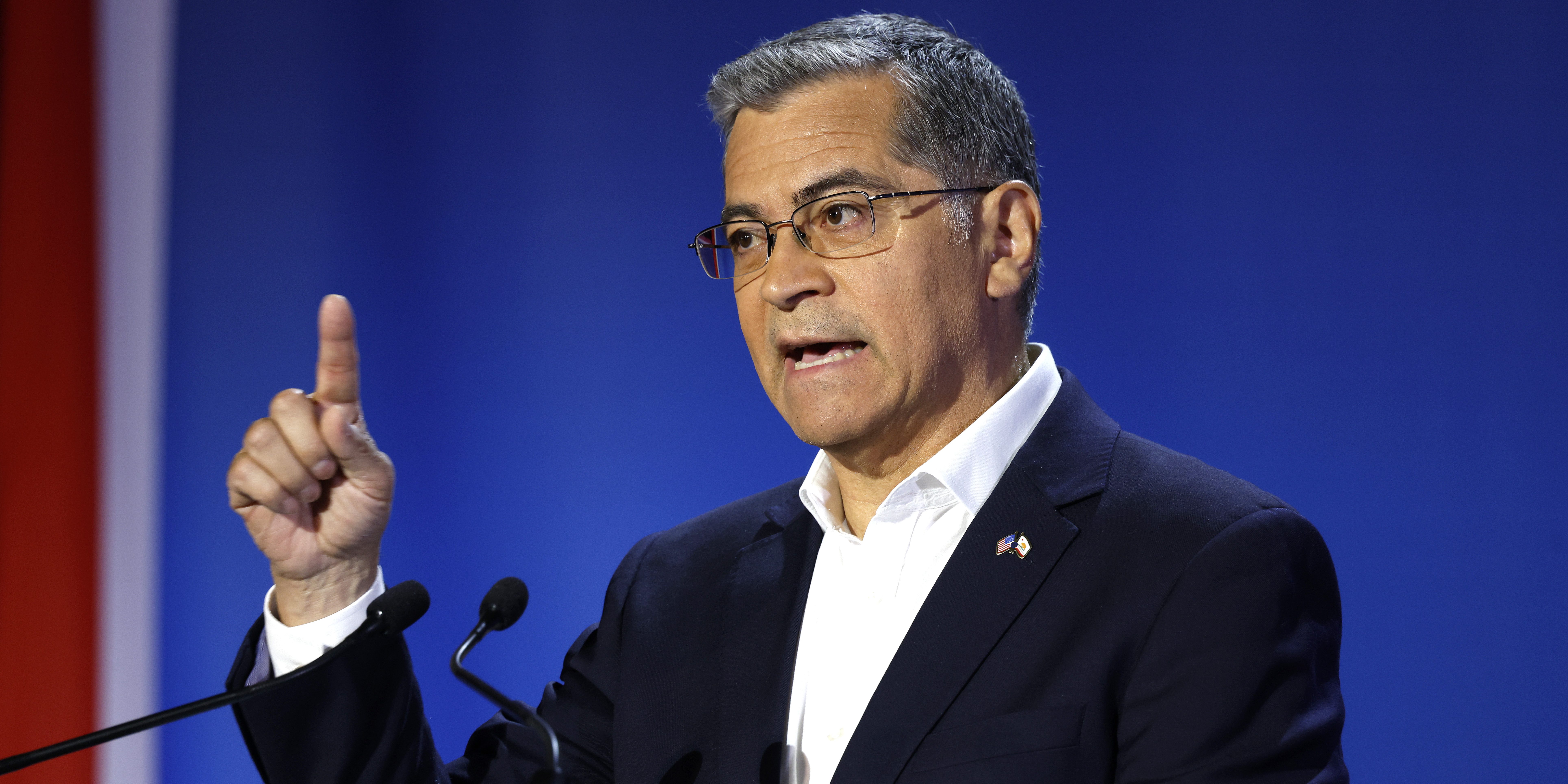CLAREMONT, CALIFORNIA - APRIL 28: California gubernatorial candidate Democrat Xavier Becerra speaks during the CBS California Gubernatorial Debate at Pomona College on April 28, 2026 in Claremont, California. California is holding its upcoming primary election, where the top two candidates regardless of party will advance to the general election, on June 2. (Photo by Mario Tama/Getty Images)