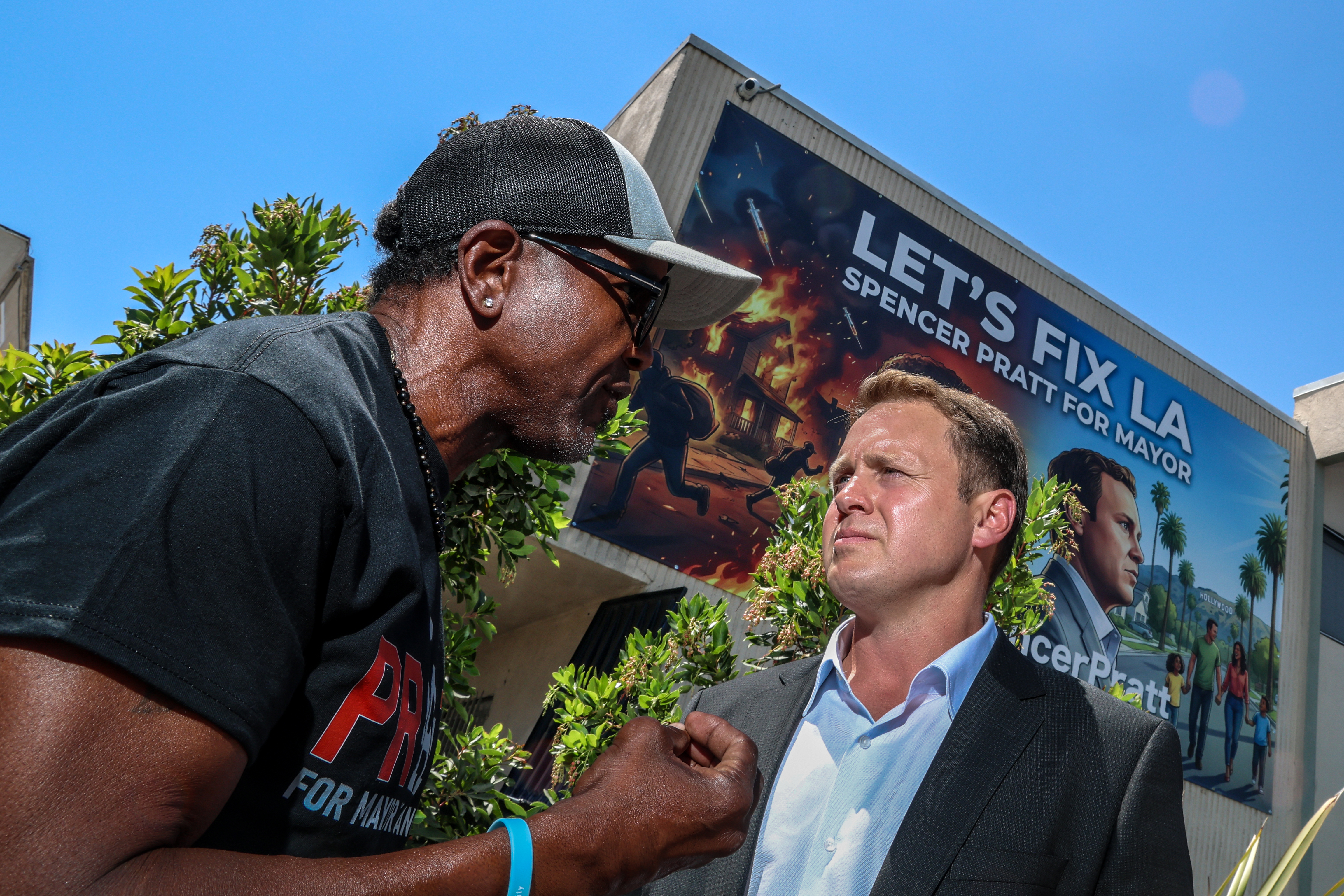 Los Angeles, CA - May 20:
LA Mayoral candidate Spencer Pratt hosts a campaign "block party" event on 10th Ave. in Los Angeles, CA on Wednesday, May 20, 2026.
(Robert Gauthier/Los Angeles Times via Getty Images)