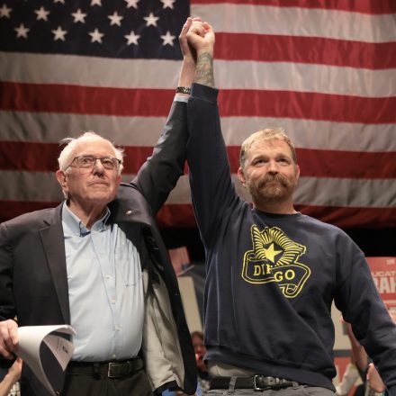 ORONO, MAINE - MAY 24: Sen. Bernie Sanders (I-VT) and Democratic U.S. Senate candidate Graham Platner stand together during a “Fighting Oligarchy” tour stop at the Collins Center for the Arts on the University of Maine campus on May 24, 2026 in Orono, Maine. Platner is the presumptive Democratic nominee and will face incumbent Sen. Susan Collins (R-ME) for Maine's U.S. Senate seat in the general election.