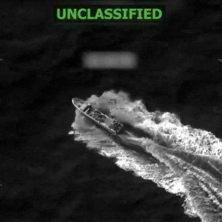 A screenshot from a video U.S. Southern Command posted to Twitter on April 26, 2026 showing a U.S. military strike on a boat in the Eastern Pacific.