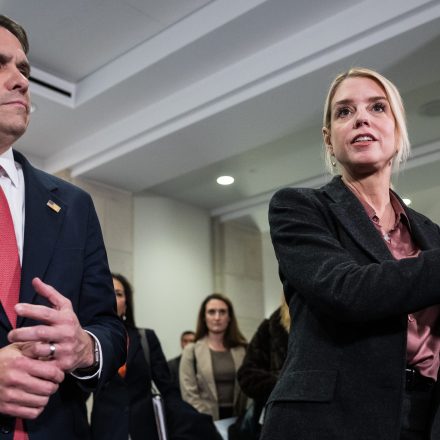 Deputy Attorney General Todd Blanche and Attorney General Pam Bondi speak with reporters after briefing House Oversight Committee members on the investigation into convicted sex offender Jeffrey Epstein on Capitol Hill on March 18, 2026.