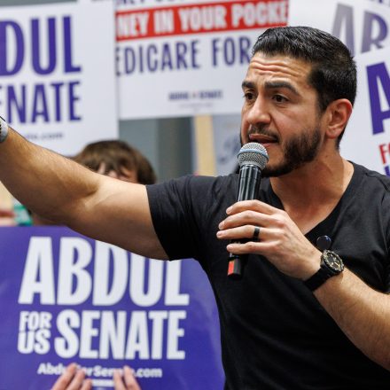 U.S. Senate candidate Abdul El-Sayed speaks at the Michigan Democratic Party Endorsement Convention in Detroit, Mich., on April 19, 2026. (Photo by Andrew Roth/Sipa USA)(Sipa via AP Images)