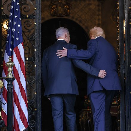 PALM BEACH, FLORIDA - DECEMBER 29: U.S. President Donald Trump welcomes Israeli Prime Minister Benjamin Netanyahu to his Mar-a-Lago club on December 29, 2025 in Palm Beach, Florida. The two leaders are scheduled to hold a bilateral meeting to discuss regional security in the Middle East as well as the U.S.-Israel partnership.  (Photo by Joe Raedle/Getty Images)