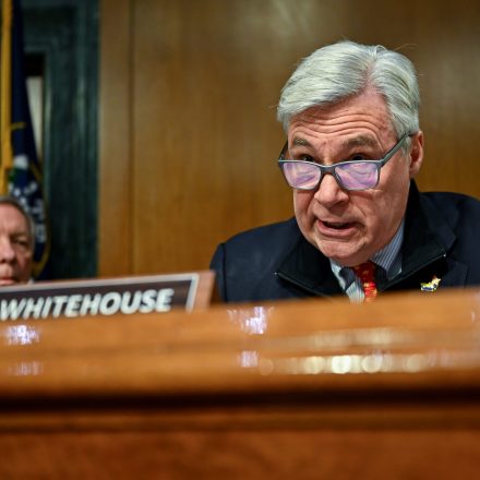 Senator Dick Durbin, a Democrat from Illinois and ranking member of the Senate Judiciary Committee, left, and Senator Sheldon Whitehouse, a Democrat from Rhode Island, during a hearing in Washington, DC, US, on Tuesday, March 3, 2026. Homeland Security Secretary Kristi Noem will look to defend her immigration enforcement and make the case to end the DHS shutdown in front of a combative audience before hearings in both chambers. Photographer: Graeme Sloan/Bloomberg via Getty Images