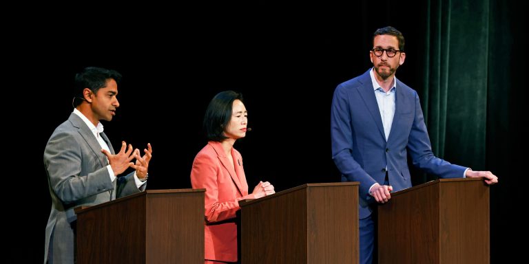 Candidates for San Francisco's Congressional District 11 seat, from left, Saikat Chakrabarti, Connie Chan, and Scott Wiener debate at the Sydney Goldstein Theater in San Francisco, on Tuesday, March 31, 2026. The seat became available upon the announced retirement of Speaker Emerita Nancy Pelosi, and the district will get its first new Congressional representative since 1987. (Photo by Carlos Avila Gonzalez/San Francisco Chronicle via Getty Images)